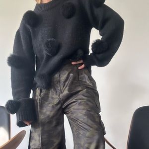 TIBI Alpaca Mock neck black sweater with black fur pom poms. medium. Gently worn